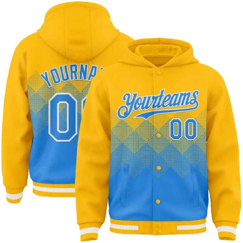 Soft French Terry Hoodie for Comfy Casual Wear-Custom Gold Powder Blue-White Gradient Square Shape 3D Pattern Design Bomber Full-Snap Varsity Letterman Hoodie Jacket