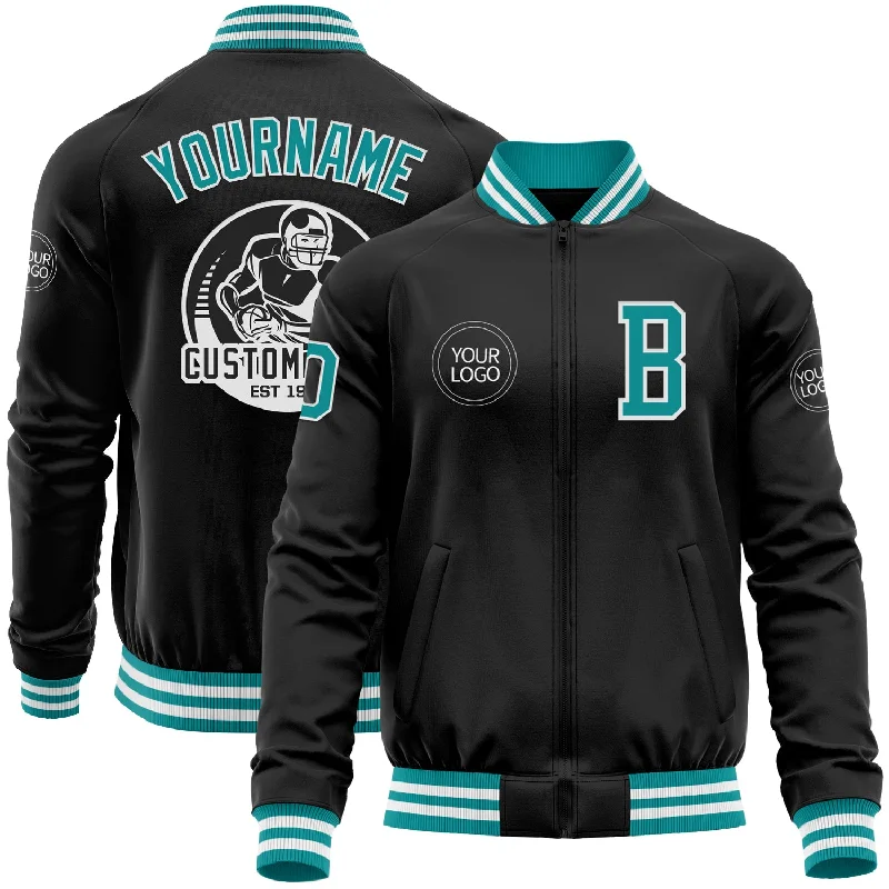 Casual Quilted Jacket for Everyday Wear-Custom Black Teal-White Bomber Varsity Letterman Zipper Jacket