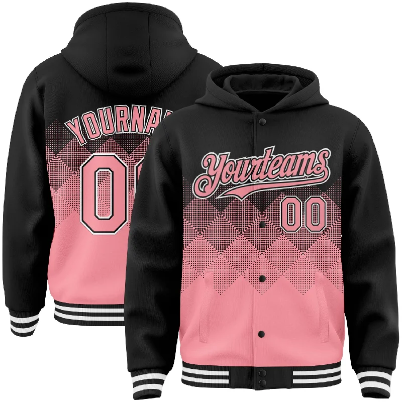 Premium Quality Hoodie for Luxury Comfort-Custom Black Medium Pink-White Gradient Square Shape 3D Pattern Design Bomber Full-Snap Varsity Letterman Hoodie Jacket