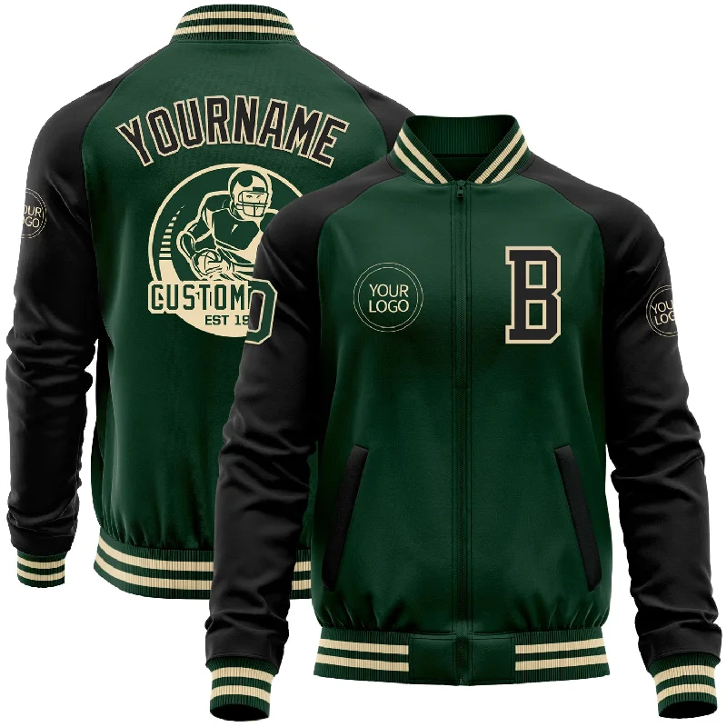 Adjustable Fit Jacket for Personalized Comfort-Custom Green Black-Cream Bomber Varsity Letterman Two Tone Zipper Jacket