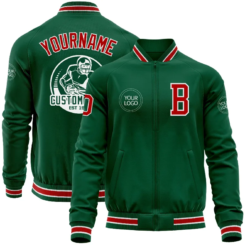 Modern Zip-Up Jacket for Stylish Comfort-Custom Kelly Green Red-White Bomber Varsity Letterman Zipper Jacket