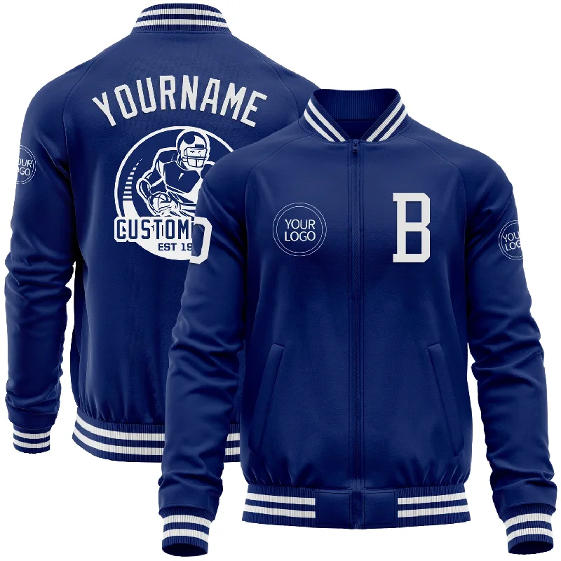 Athletic Zip-Up Jacket for Workout Gear-Custom Royal White Bomber Varsity Letterman Zipper Jacket