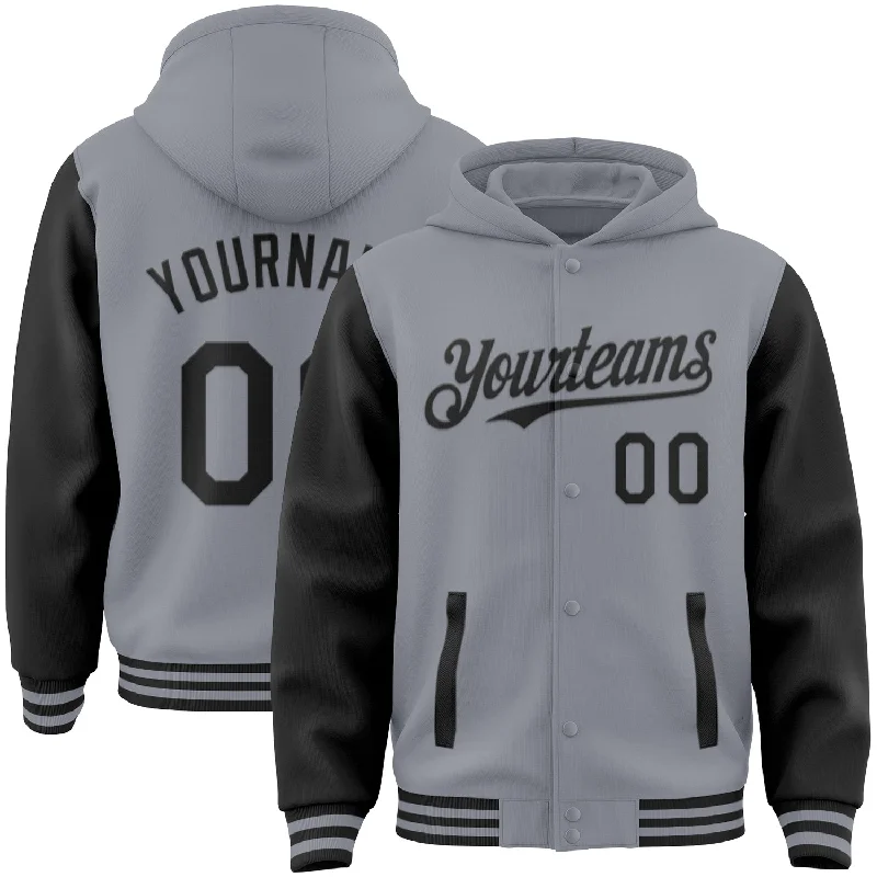 Classic Black Hoodie for Timeless Wear-Custom Gray Black Bomber Full-Snap Varsity Letterman Two Tone Hoodie Jacket