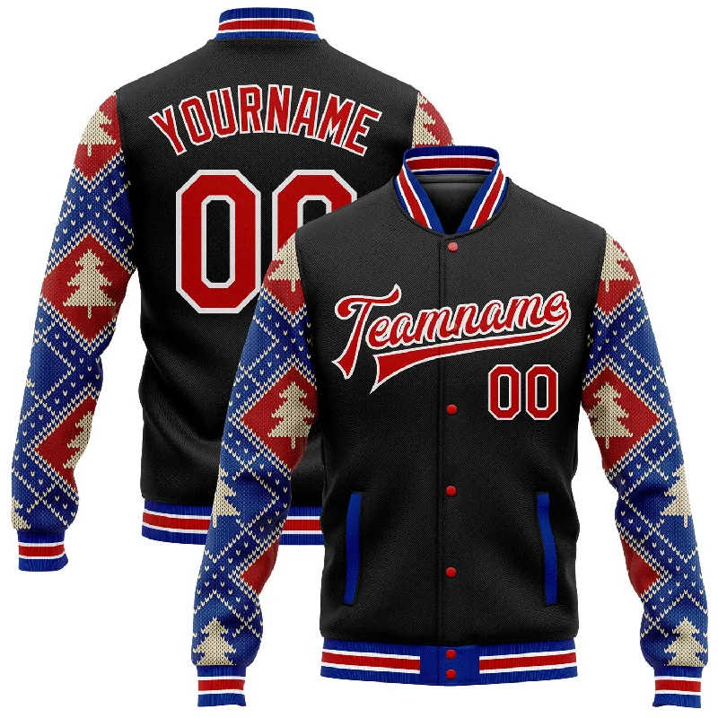 Quilted Down Jacket for Extra Warmth-Custom Black Red-Royal Christmas 3D Bomber Full-Snap Varsity Letterman Jacket