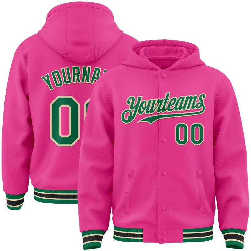 Fashion Hoodie for Trendsetters-Custom Pink Kelly Green-Cream Bomber Full-Snap Varsity Letterman Hoodie Jacket