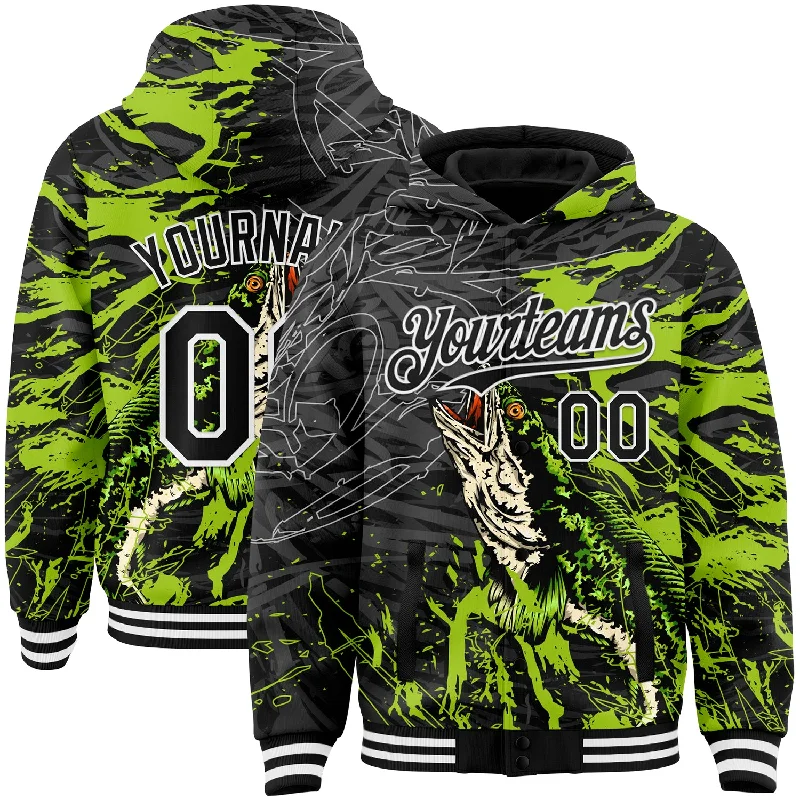 Hoodie with Logo for Brand-Loyal Fashion-Custom Black Neon Green-White Snakehead Fish Fishing 3D Bomber Full-Snap Varsity Letterman Hoodie Jacket