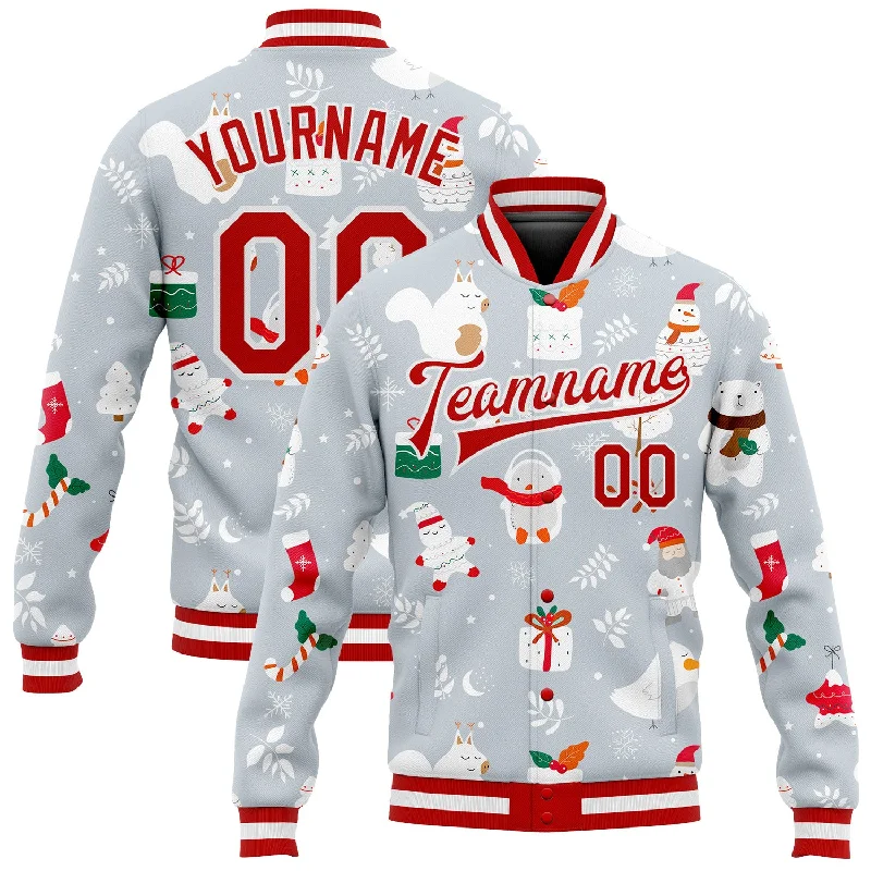 Breathable Jacket for Outdoor Activities-Custom Silver Red-White Christmas 3D Bomber Full-Snap Varsity Letterman Jacket