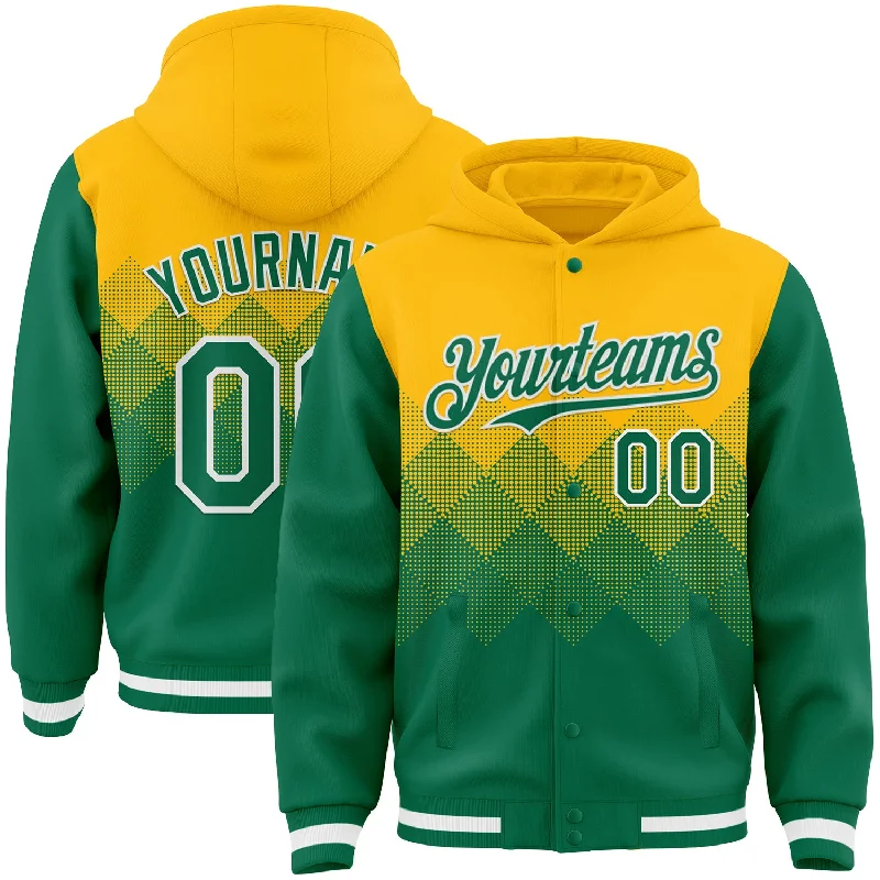 Minimalist Zip-Up Hoodie for Sleek Style-Custom Gold Kelly Green-White Gradient Square Shape 3D Pattern Design Bomber Full-Snap Varsity Letterman Hoodie Jacket