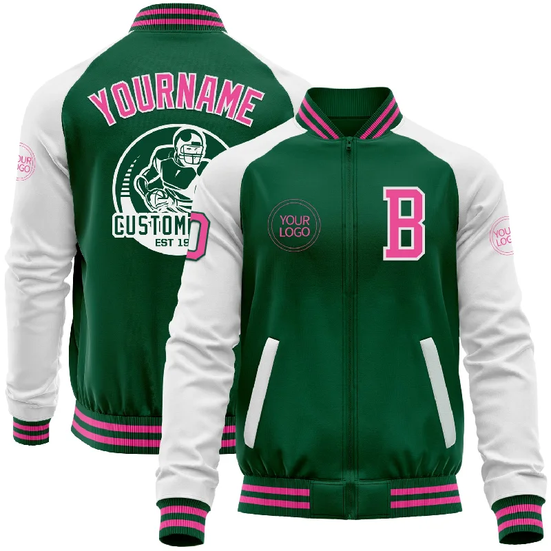 Rugged Work Jacket for Tough Conditions-Custom Kelly Green Pink-White Bomber Varsity Letterman Two Tone Zipper Jacket