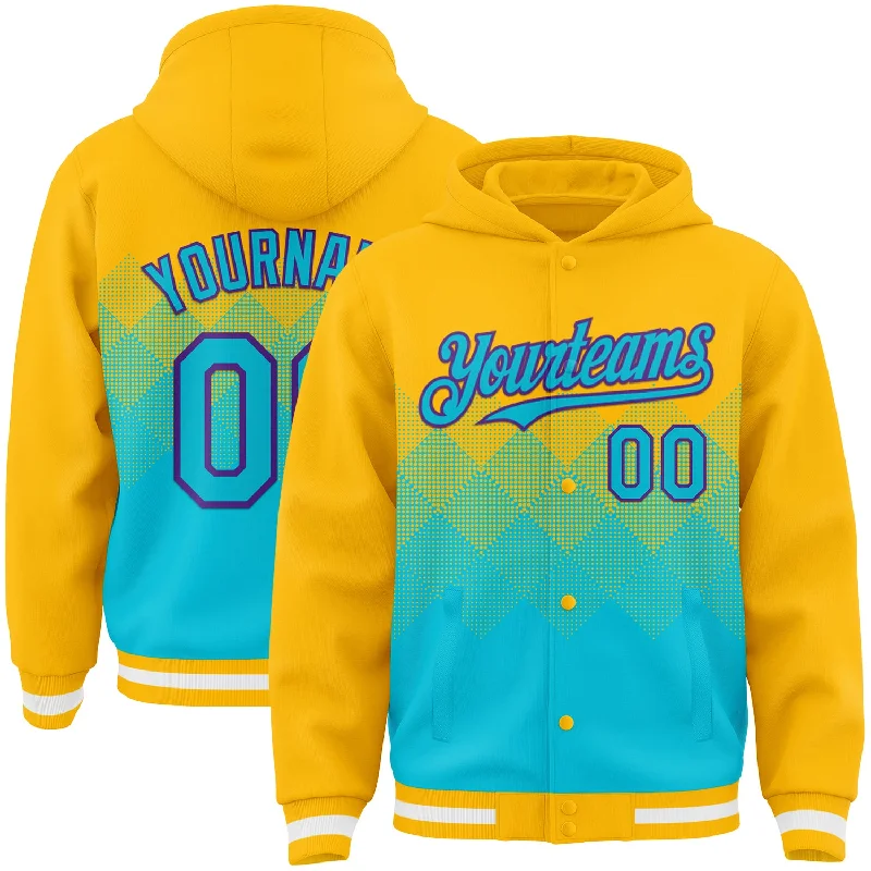 Breathable Running Hoodie for Active Wear-Custom Gold Lakes Blue-Purple Gradient Square Shape 3D Pattern Design Bomber Full-Snap Varsity Letterman Hoodie Jacket