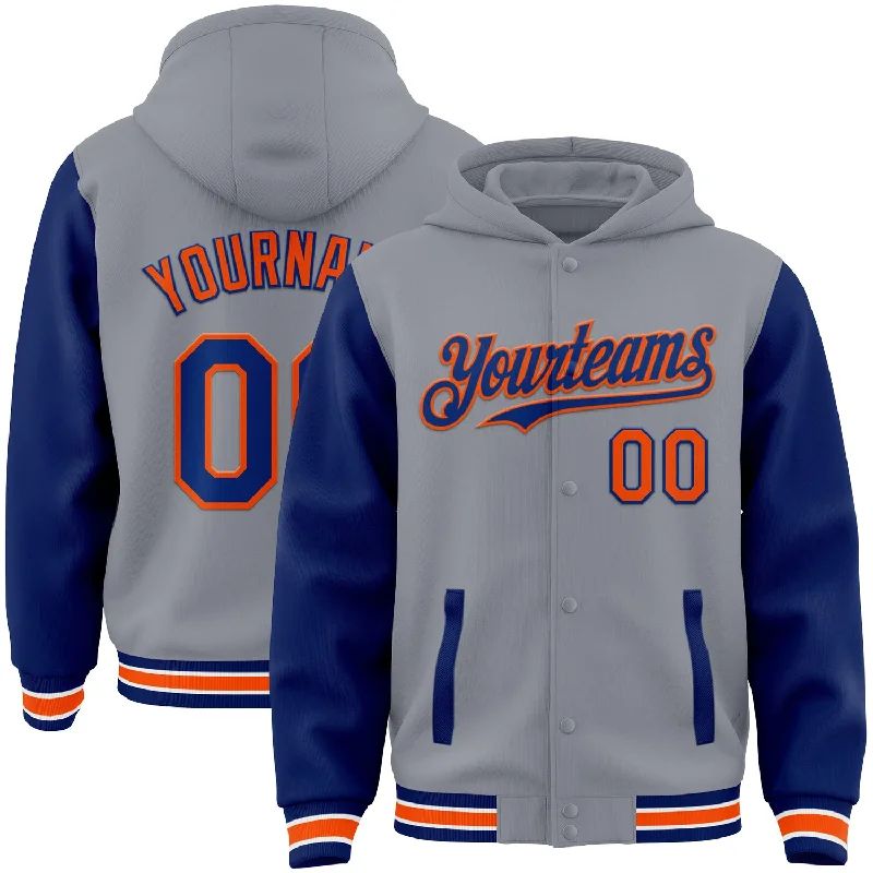 Soft Cotton Blend Hoodie for Extra Comfort-Custom Gray Royal-Orange Bomber Full-Snap Varsity Letterman Two Tone Hoodie Jacket