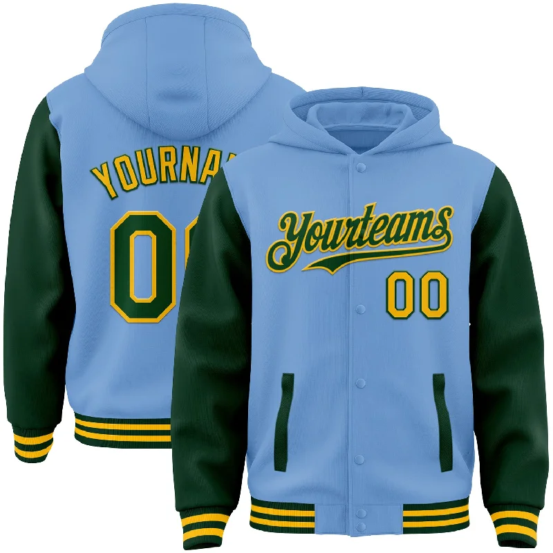 Classic Pullover Hoodie for Everyday Casual-Custom Light Blue Green-Gold Bomber Full-Snap Varsity Letterman Two Tone Hoodie Jacket