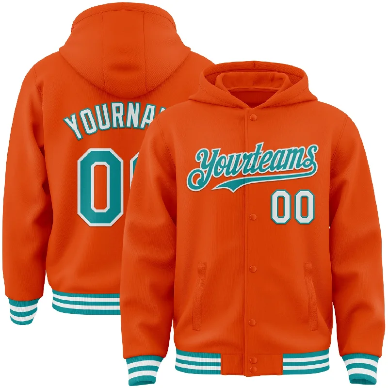 Warm Wool Hoodie for Cold Weather Protection-Custom Orange Teal-White Bomber Full-Snap Varsity Letterman Hoodie Jacket