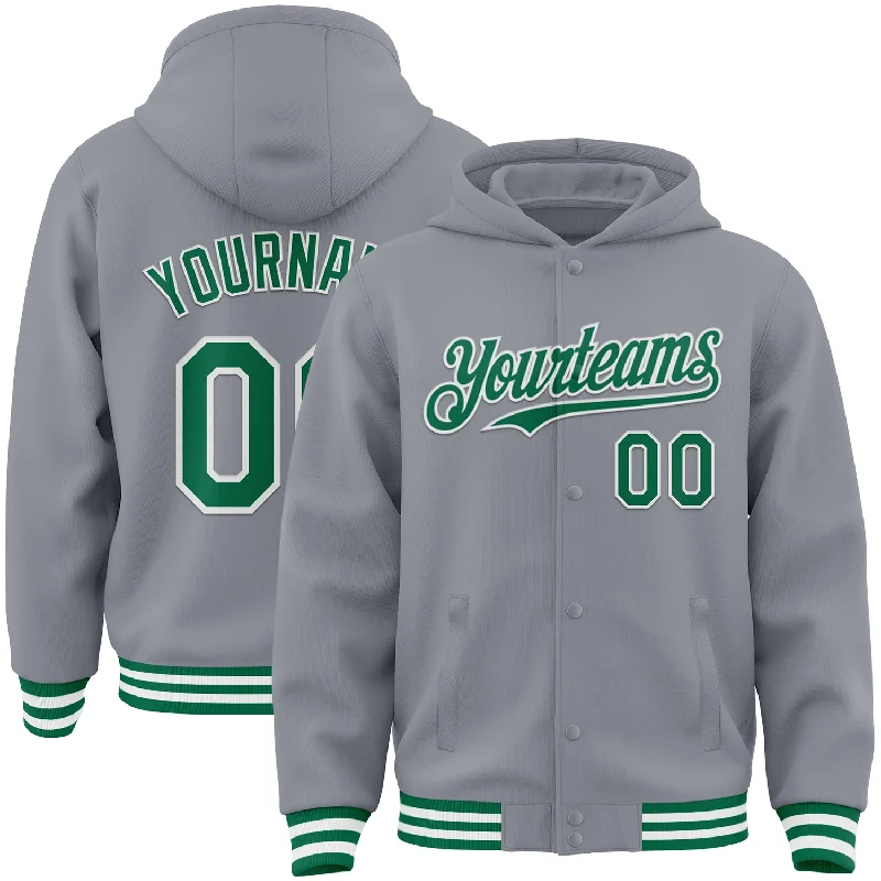 Stylish Tie-Dye Hoodie for Unique Look-Custom Gray Kelly Green-White Bomber Full-Snap Varsity Letterman Hoodie Jacket