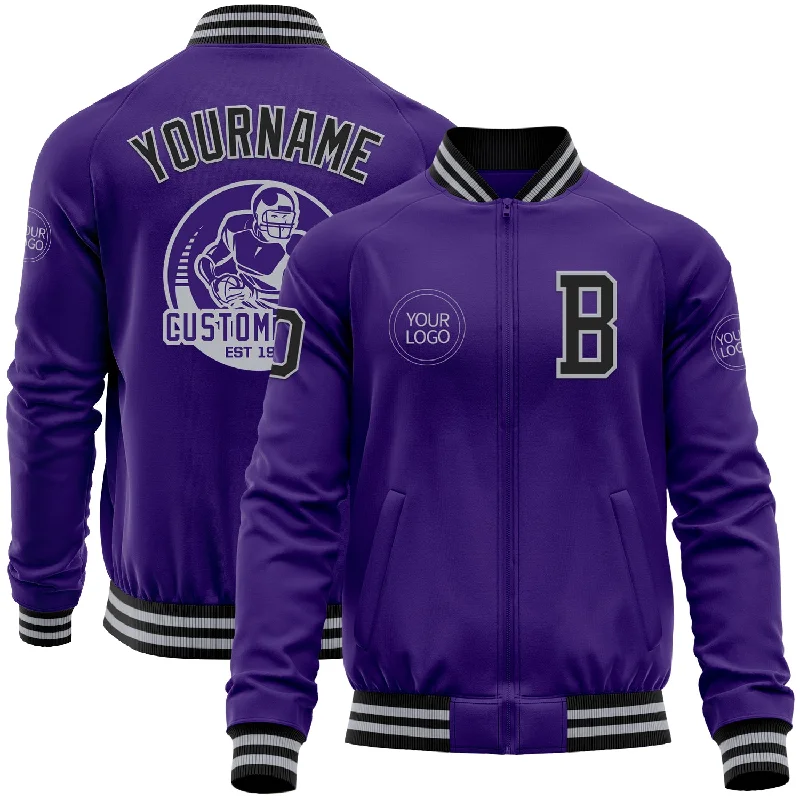 Soft Shell Jacket for Outdoor Adventures-Custom Purple Black-Gray Bomber Varsity Letterman Zipper Jacket