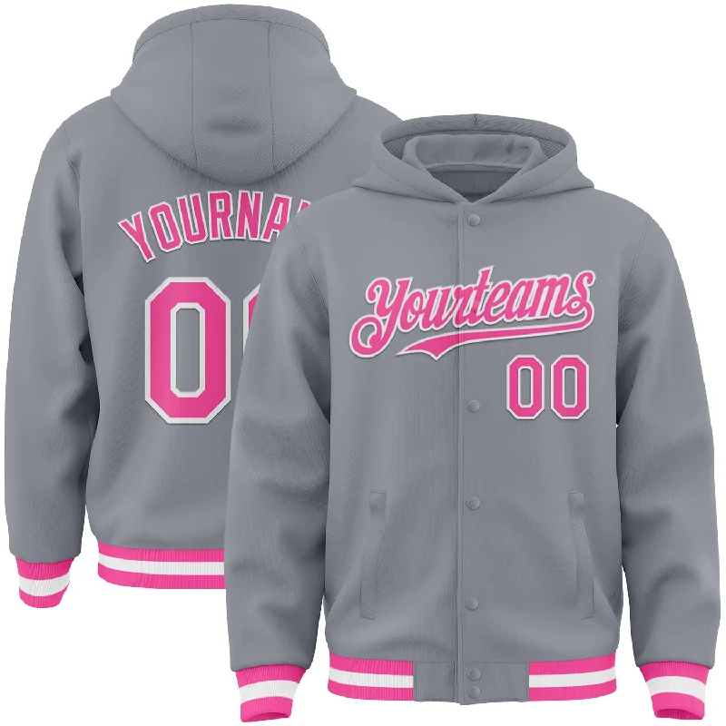 Customizable Hoodie for Personalized Apparel-Custom Gray Pink-White Bomber Full-Snap Varsity Letterman Hoodie Jacket