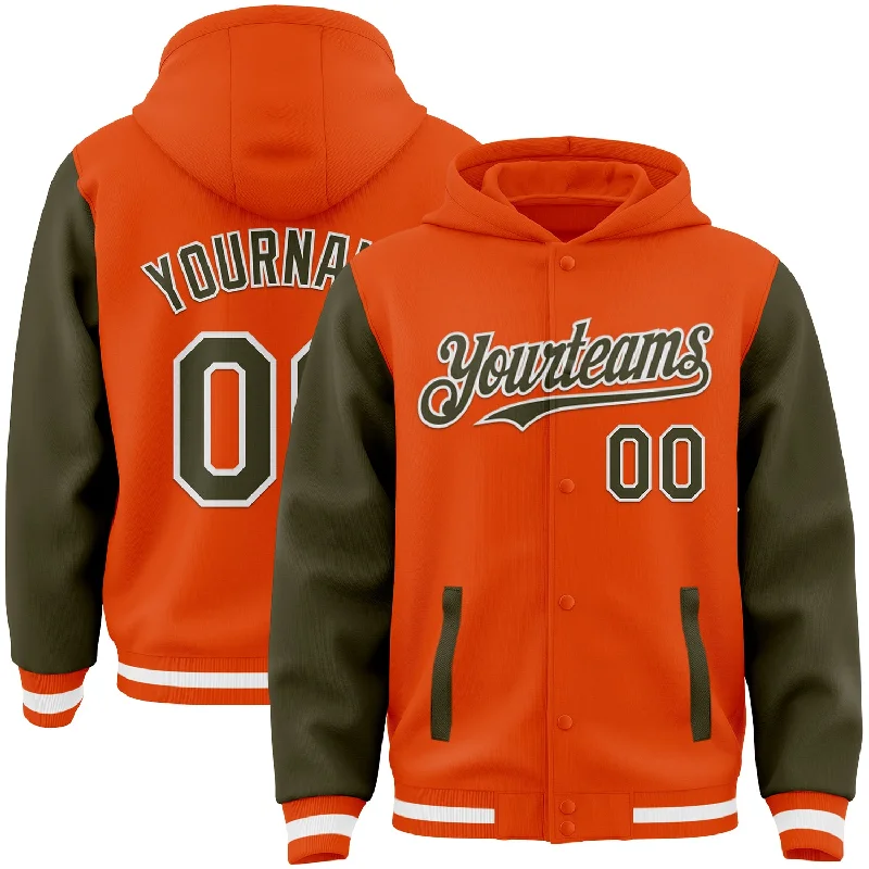 Bold Color Hoodie for Attention-Grabbing Style-Custom Orange Olive-White Bomber Full-Snap Varsity Letterman Two Tone Hoodie Jacket