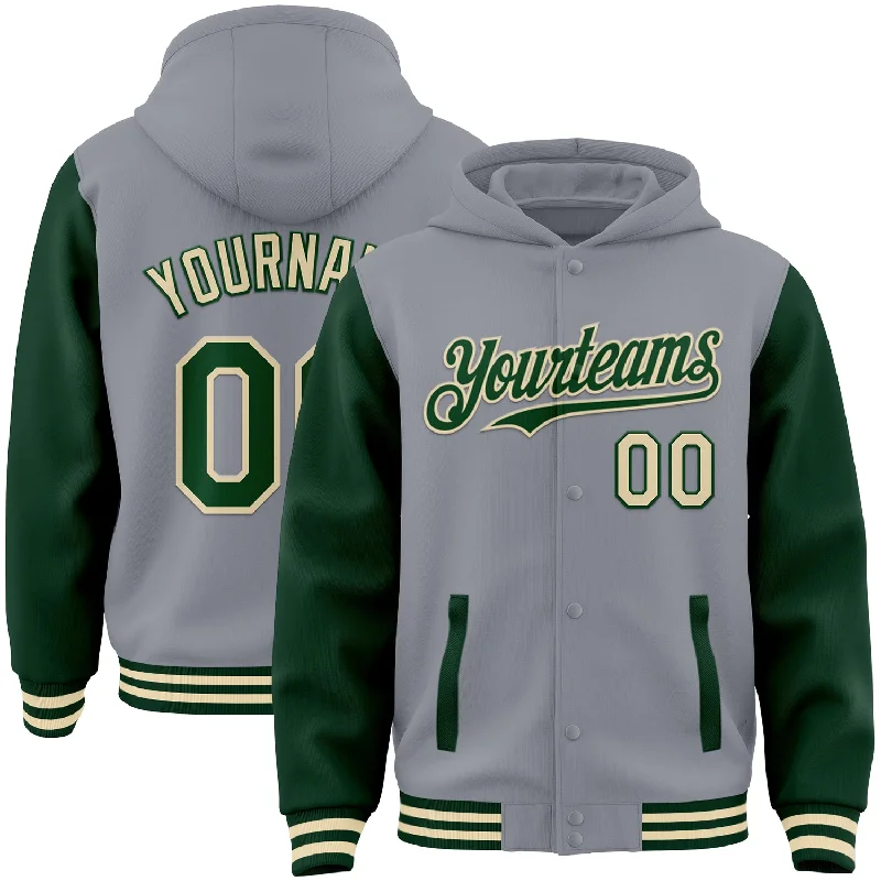 Elegant Hooded Sweatshirt for Classy Casual Wear-Custom Gray Green-Cream Bomber Full-Snap Varsity Letterman Two Tone Hoodie Jacket