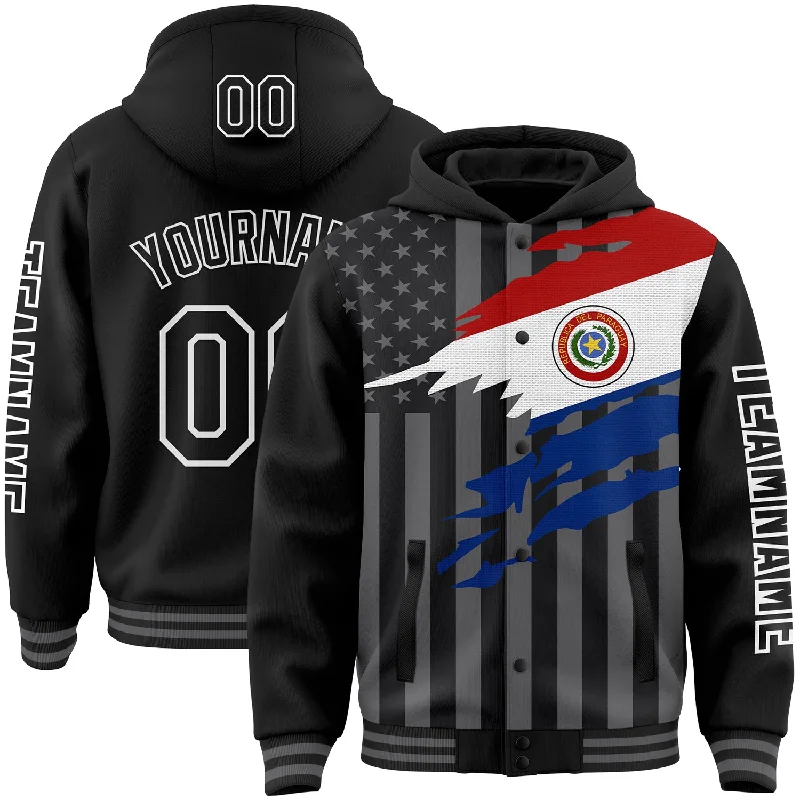 Warm Hooded Sweatshirt for Chilly Days-Custom Black Gray-White Paraguay Paraguayan Flag 3D Bomber Full-Snap Varsity Letterman Hoodie Jacket