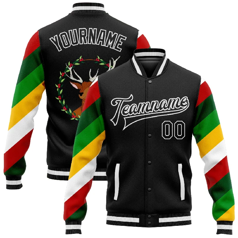 Lightweight Hiking Jacket for Travel and Adventure-Custom Black White Christmas 3D Bomber Full-Snap Varsity Letterman Jacket