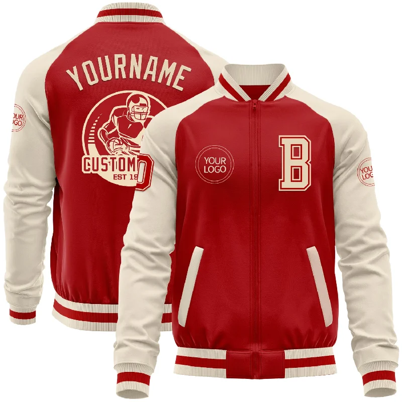 Military Green Jacket for Tough, Outdoorsy Style-Custom Red Cream Bomber Varsity Letterman Two Tone Zipper Jacket