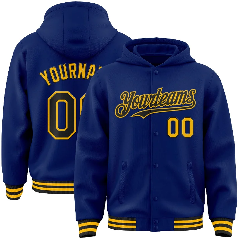 Youth Hoodie for Comfortable, Stylish Wear-Custom Royal Black-Gold Bomber Full-Snap Varsity Letterman Hoodie Jacket