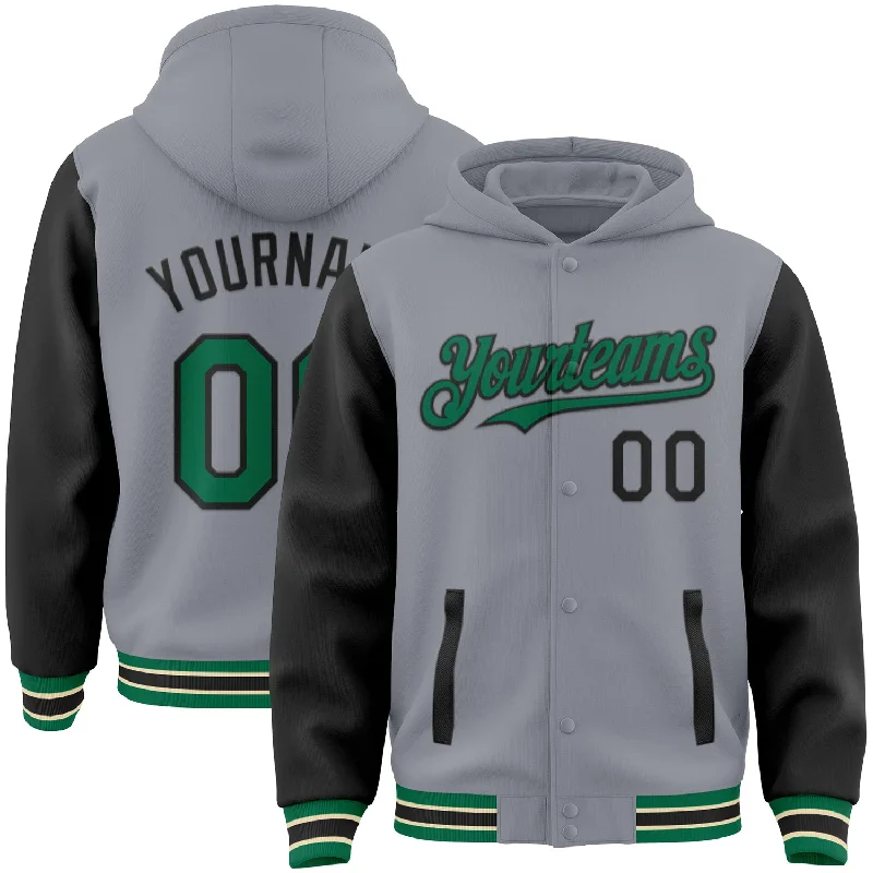 Breathable Hoodie for Summer Nights-Custom Gray Kelly Green Black-Cream Bomber Full-Snap Varsity Letterman Two Tone Hoodie Jacket