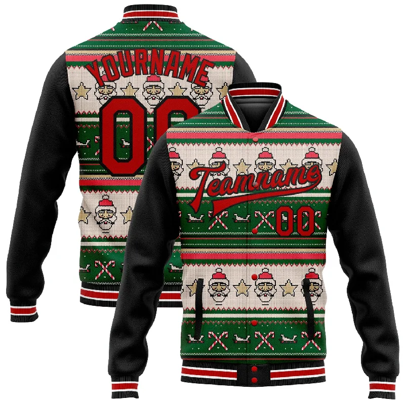 Quilted Down Jacket for Extra Warmth-Custom Green Red-Black Christmas 3D Bomber Full-Snap Varsity Letterman Jacket