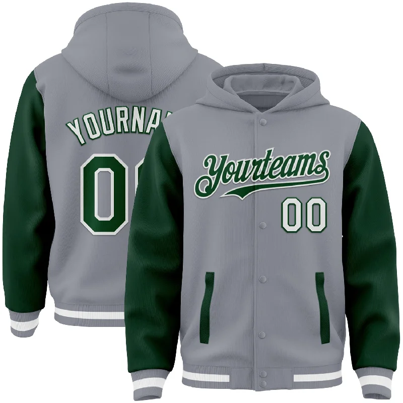 Athletic Hooded Sweatshirt for Gym Workouts-Custom Gray Green-White Bomber Full-Snap Varsity Letterman Two Tone Hoodie Jacket