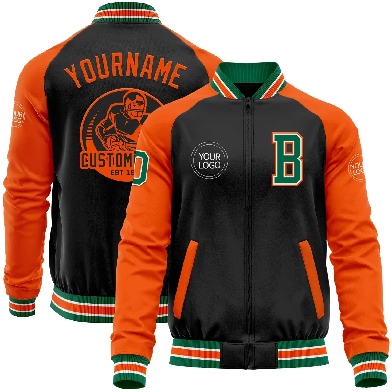 Zip-Up Sports Jacket for Workout Sessions-Custom Black Kelly Green-Orange Bomber Varsity Letterman Two Tone Zipper Jacket