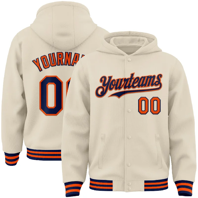 Fashionable Cropped Hoodie for Trendy Outfits-Custom Cream Navy-Orange Bomber Full-Snap Varsity Letterman Hoodie Jacket