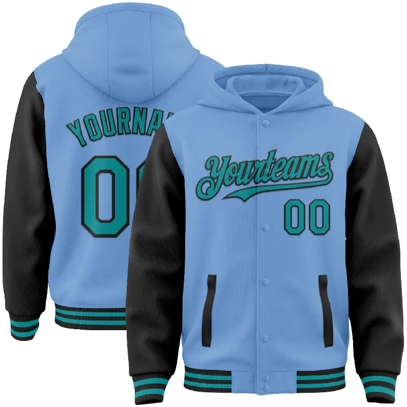 Stylish Hooded Sweatshirt for Casual Looks-Custom Light Blue Teal-Black Bomber Full-Snap Varsity Letterman Two Tone Hoodie Jacket