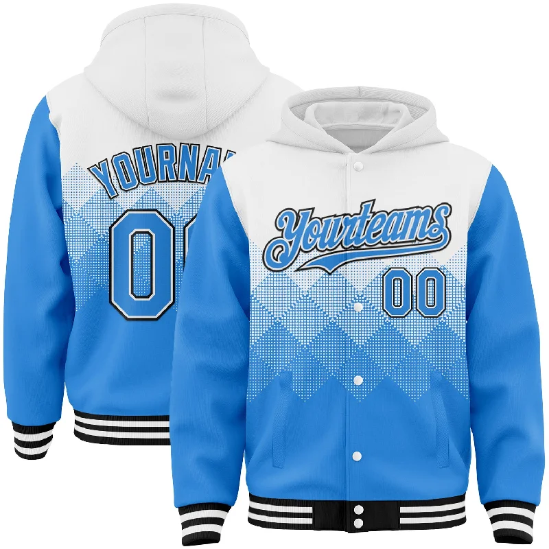 Cozy Sherpa Hoodie for Maximum Warmth-Custom White Powder Blue-Black Gradient Square Shape 3D Pattern Design Bomber Full-Snap Varsity Letterman Hoodie Jacket