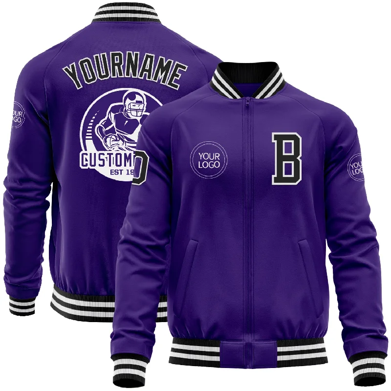 Reversible Jacket for Two Looks in One-Custom Purple Black-White Bomber Varsity Letterman Zipper Jacket