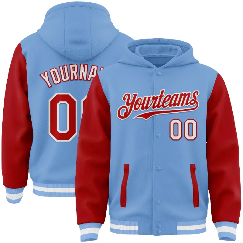 Soft Pullover Hoodie for Cold Weather Style-Custom Light Blue Red-White Bomber Full-Snap Varsity Letterman Two Tone Hoodie Jacket