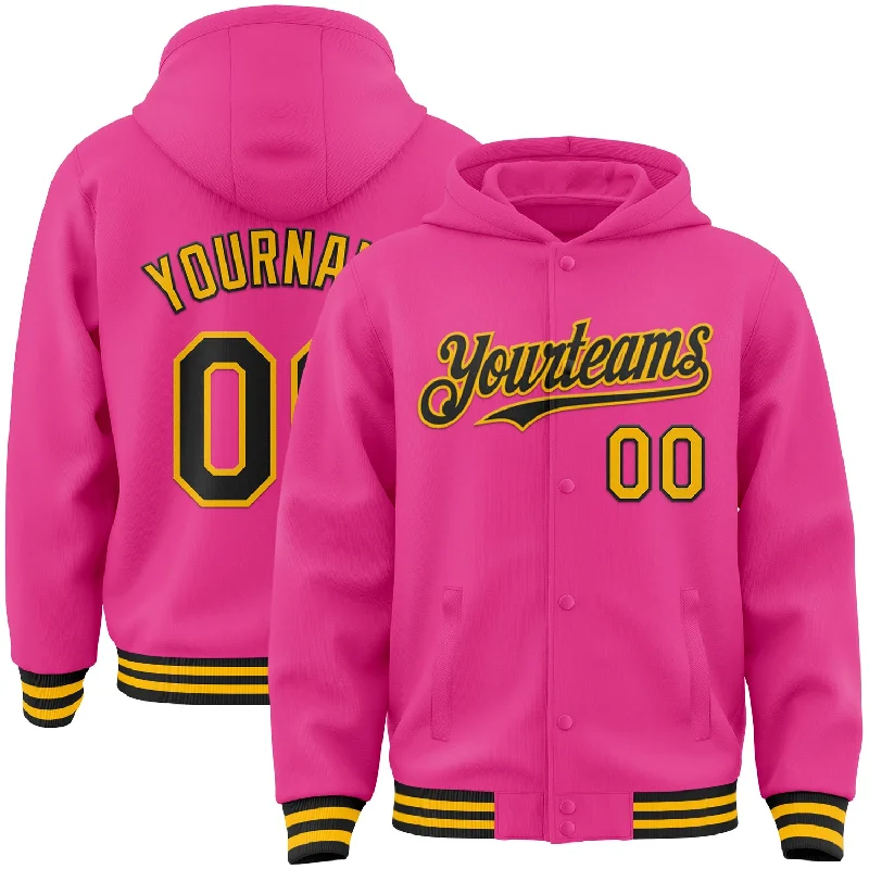 Eco-Conscious Hoodie for Sustainable Fashion-Custom Pink Black-Gold Bomber Full-Snap Varsity Letterman Hoodie Jacket