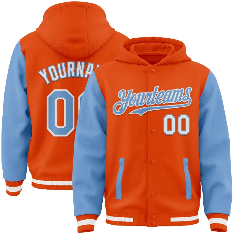 Simple Zip Hoodie for Easy Casual Style-Custom Orange Light Blue-White Bomber Full-Snap Varsity Letterman Two Tone Hoodie Jacket