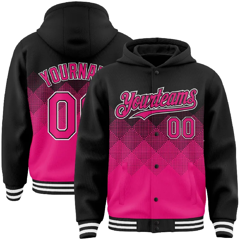 Cool Graphic Hoodie for Streetwear Look-Custom Black Hot Pink-White Gradient Square Shape 3D Pattern Design Bomber Full-Snap Varsity Letterman Hoodie Jacket