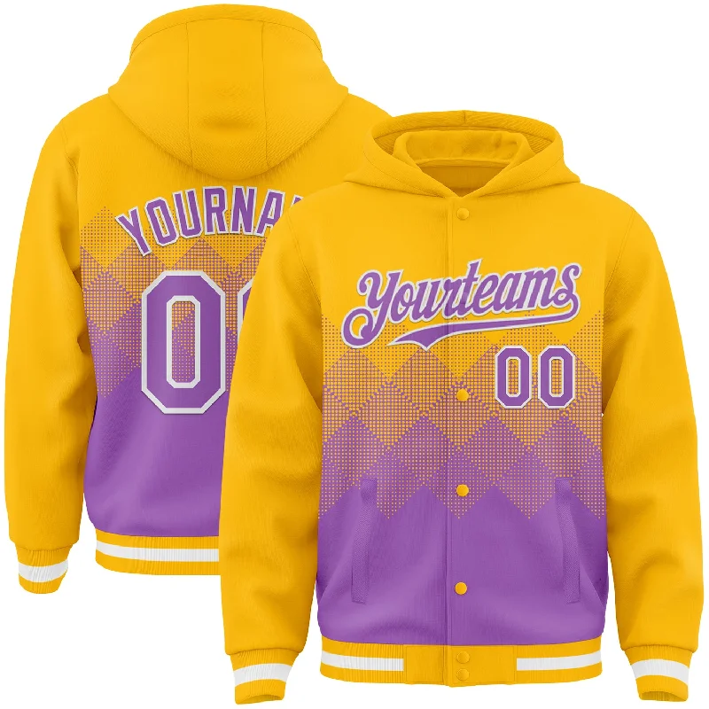 Water-Resistant Hoodie for Outdoor Exploration-Custom Gold Medium Purple-White Gradient Square Shape 3D Pattern Design Bomber Full-Snap Varsity Letterman Hoodie Jacket