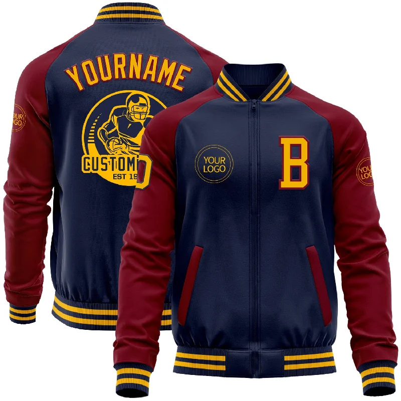 Sports Windbreaker Jacket for Active Wear-Custom Navy Gold-Crimson Bomber Varsity Letterman Two Tone Zipper Jacket