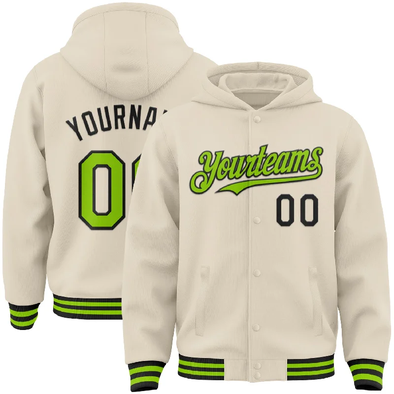 Breathable Running Hoodie for Active Wear-Custom Cream Neon Green-Black Bomber Full-Snap Varsity Letterman Hoodie Jacket