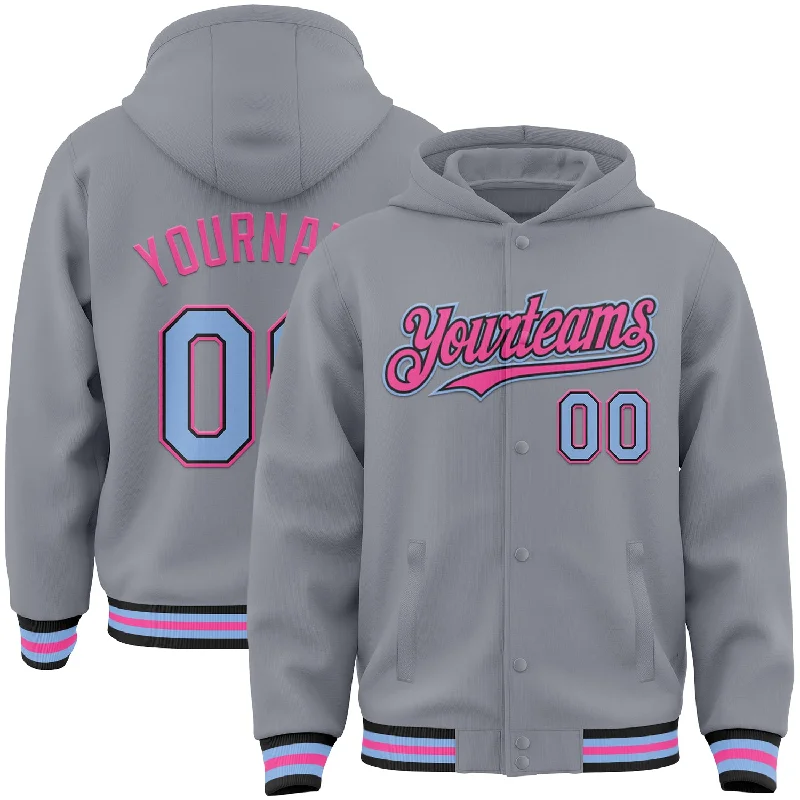 Cool Graphic Hoodie for Streetwear Look-Custom Gray Light Blue Black-Pink Bomber Full-Snap Varsity Letterman Hoodie Jacket