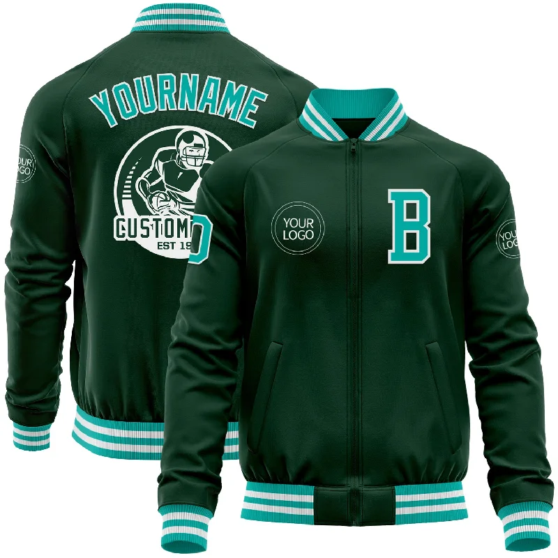 Versatile All-Season Jacket for Year-Round Wear-Custom Green Aqua-White Bomber Varsity Letterman Zipper Jacket