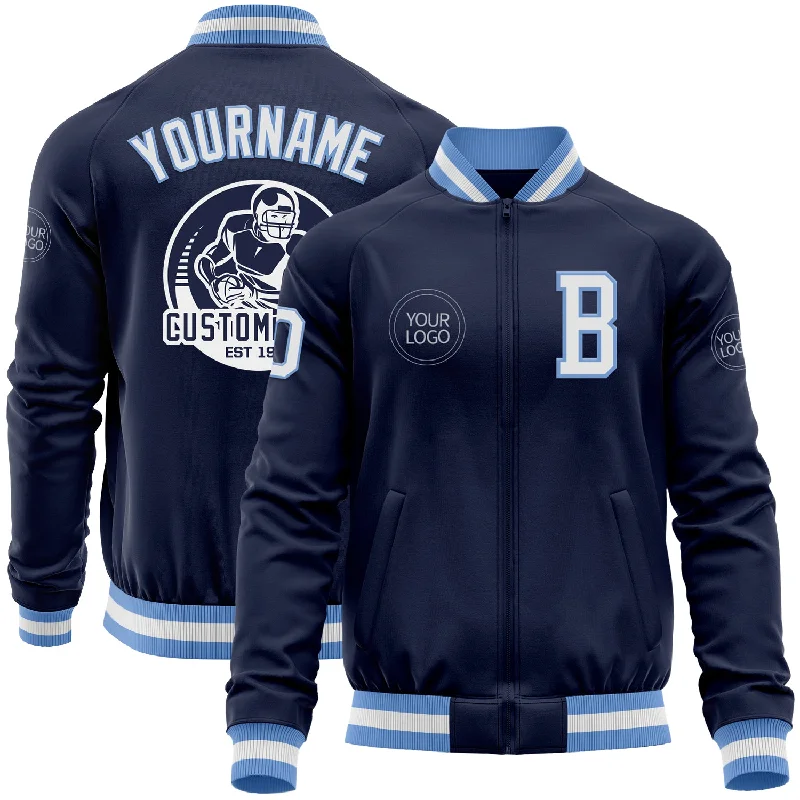 Classic Bomber Jacket for Timeless Look-Custom Navy White-Light Blue Bomber Varsity Letterman Zipper Jacket