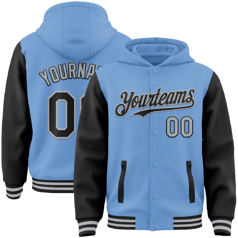 Vibrant Color Hoodie for Bright Fashion Statements-Custom Light Blue Black-Gray Bomber Full-Snap Varsity Letterman Two Tone Hoodie Jacket