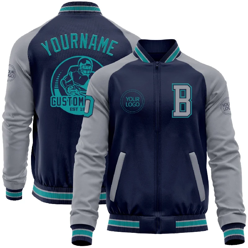 Oversized Jacket for Trendy Comfort-Custom Navy Teal-Gray Bomber Varsity Letterman Two Tone Zipper Jacket