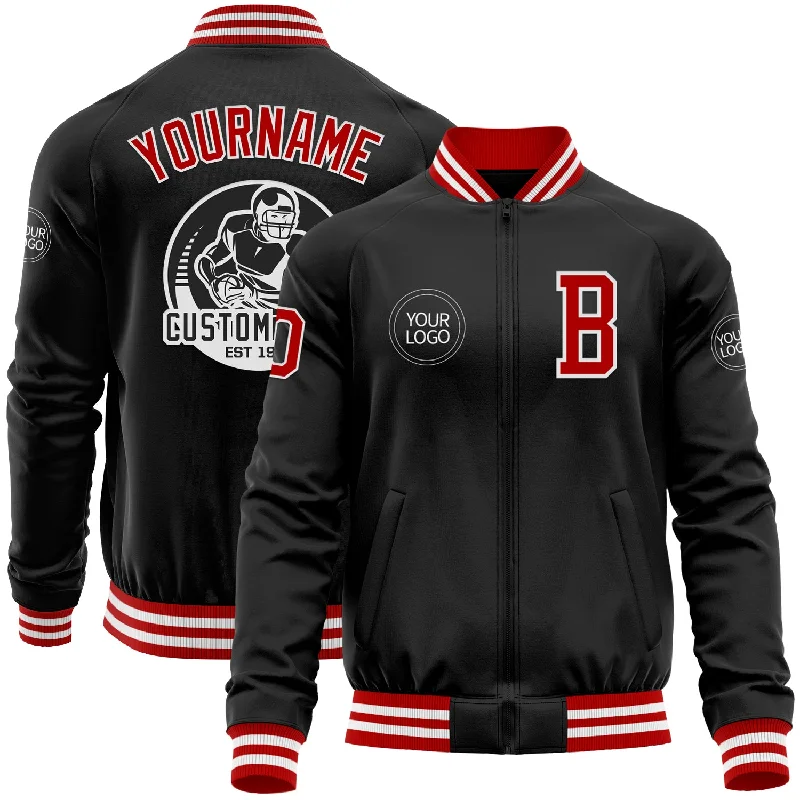 Retro Varsity Jacket for Athletic Style-Custom Black Red-White Bomber Varsity Letterman Zipper Jacket