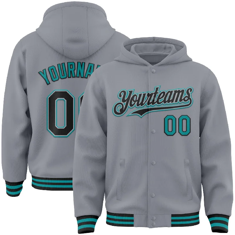 Eco-Friendly Organic Cotton Hoodie for Sustainable Fashion-Custom Gray Black-Teal Bomber Full-Snap Varsity Letterman Hoodie Jacket