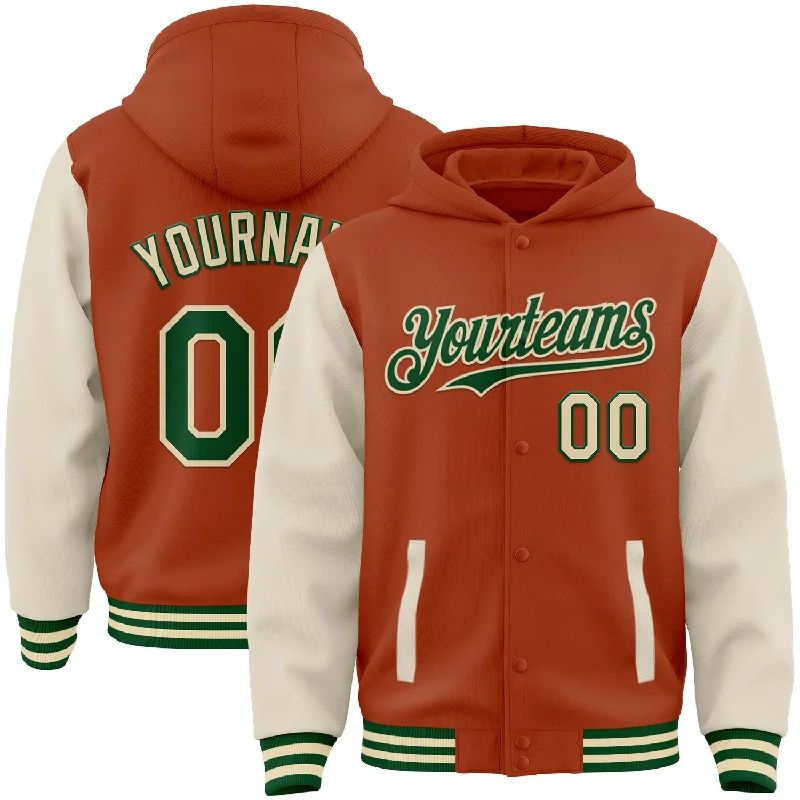 Hooded Sweatshirt for Layered Looks-Custom Texas Orange Green-Cream Bomber Full-Snap Varsity Letterman Two Tone Hoodie Jacket