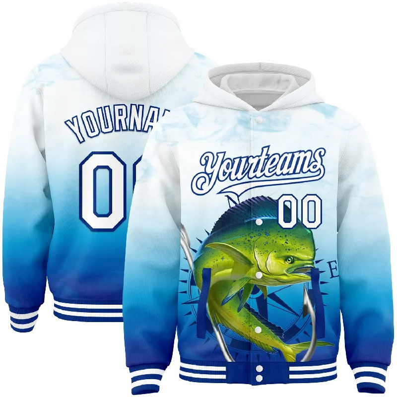 Warm Fleece-Lined Hoodie for Cold Weather-Custom Lakes Blue White-Royal Mahimah Fish Fishing 3D Bomber Full-Snap Varsity Letterman Hoodie Jacket